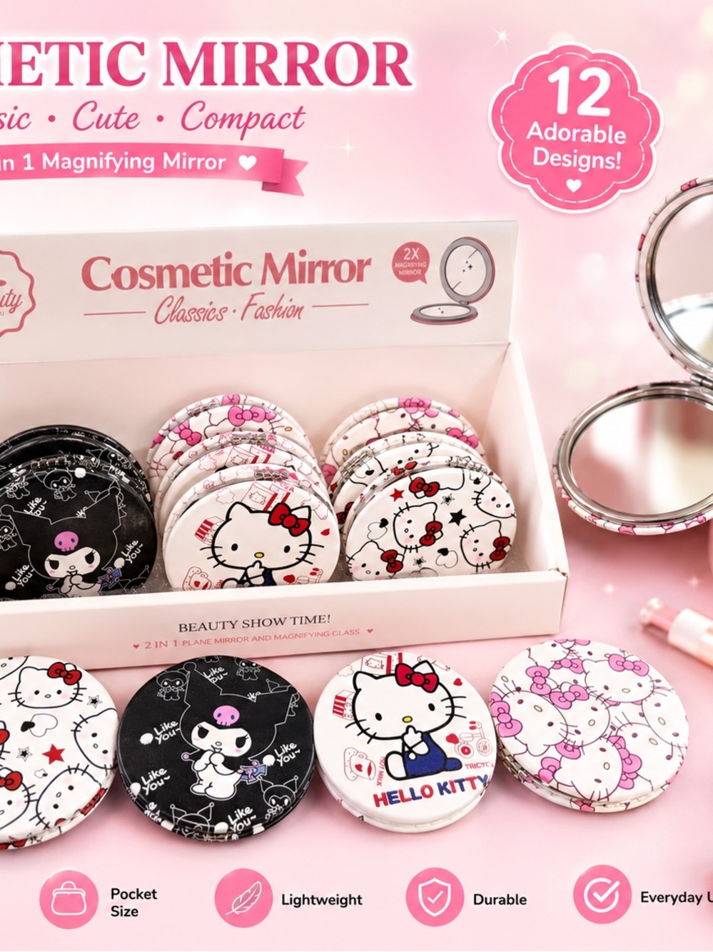 Hello Kitty Pink & White Pocket Mirror Duo - Cute Character Compact 12 pieces